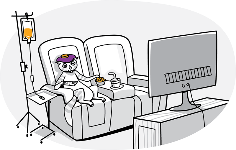 Cat sitting in chair watching tv with medical bag on IV stand.